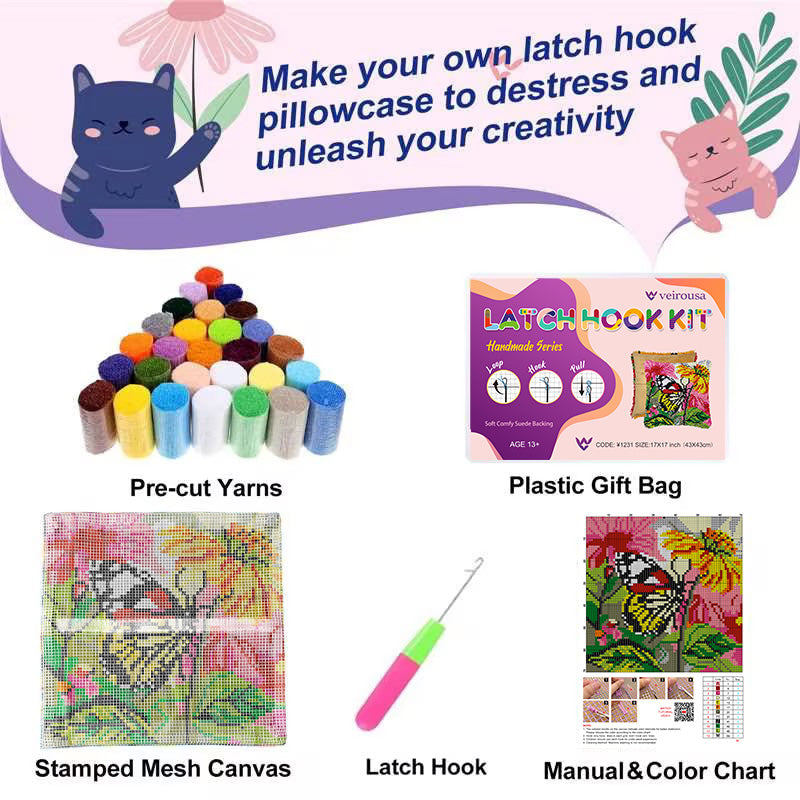 Butterfly Flower Bliss Latch Hook Pillow Kit