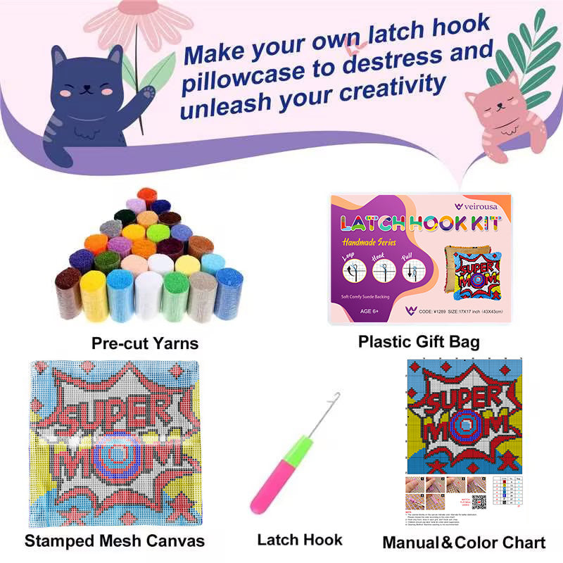 Super Mom Doodle Latch Hook Pillow Kit