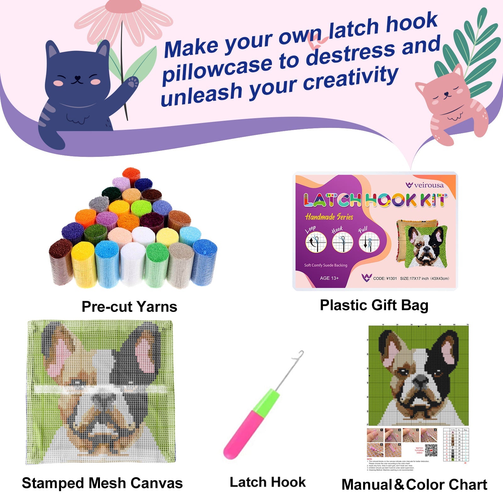 Veirousa French Bulldog Latch Hook Pillow Kit Including Yarn, Tool, Printed Mesh Canvas, Instructions And Beautiful Package
