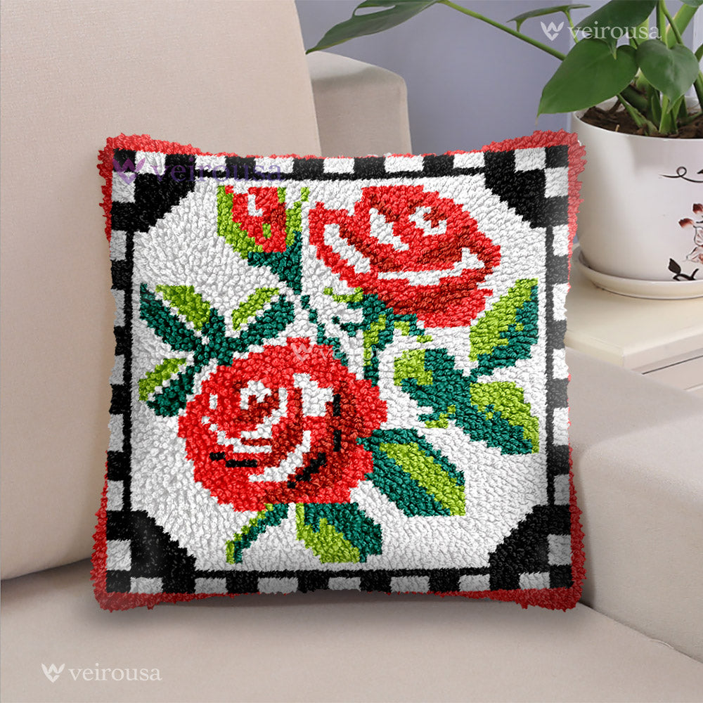 Veirousa Red Roses Latch Hook Pillow Kit
