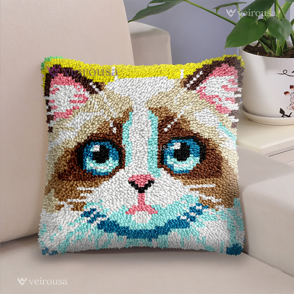 Veirousa Silver Siamese Cat Latch Hook Pillow Kit